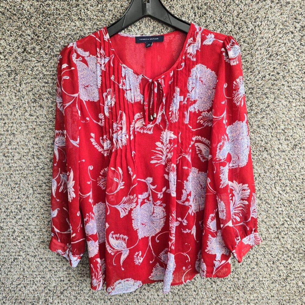 Tommy Hilfiger Top Womens Small Red Floral Gauze‎ Pintuck Neck Tie Ladies Blouse
